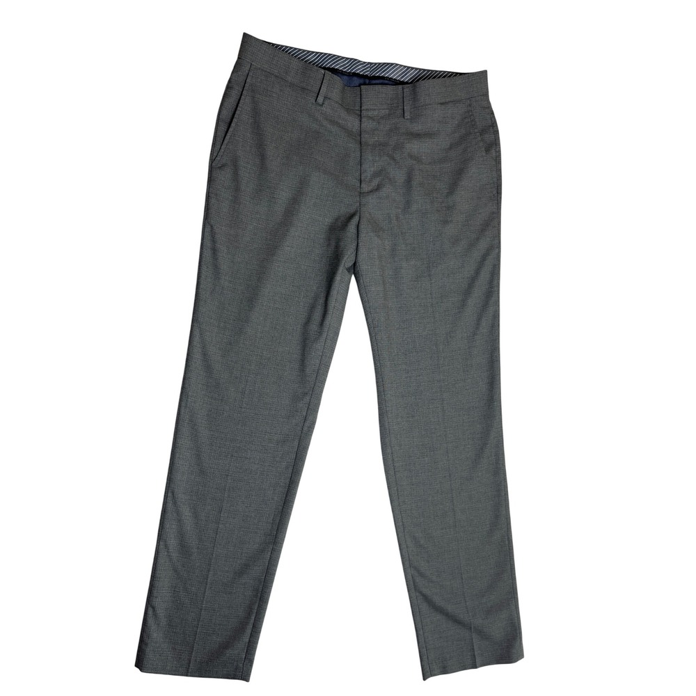 JM Haggar Mens Slim Fit Dress Pants Gray Micro Check Flat Front Trousers 34x30